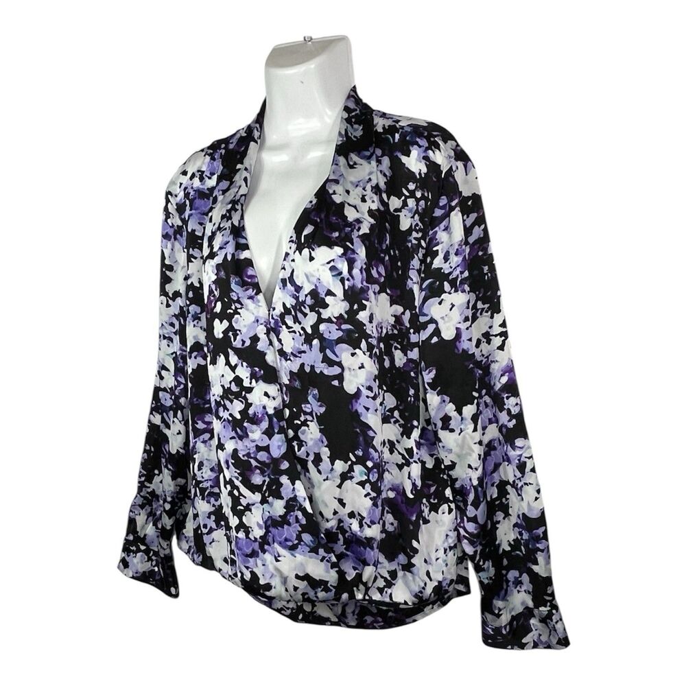 Apt. 9 Women Floral Blouse XL Purple Black White V Neck Wrap Top Long Sleeve